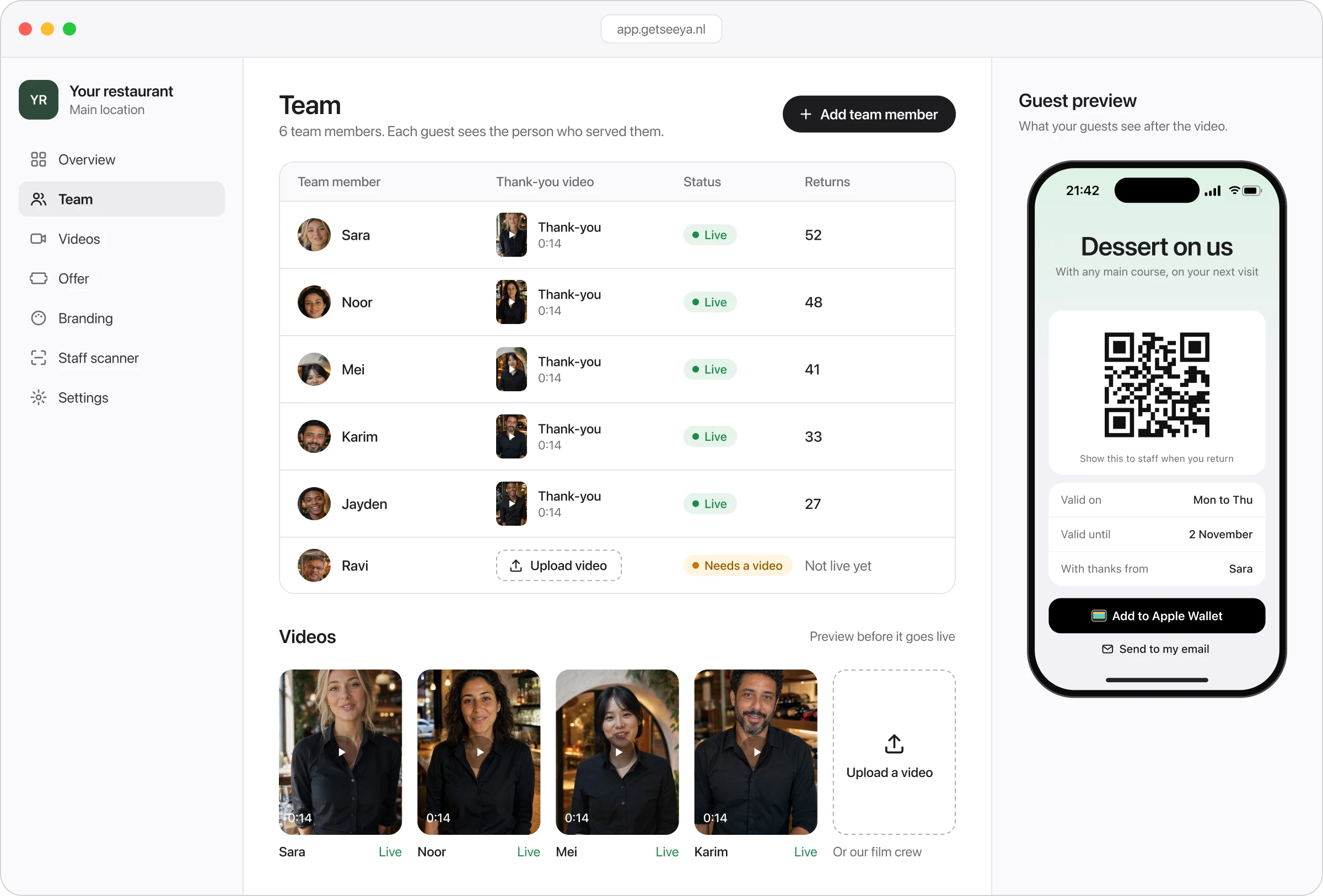 Seeya dashboard: team members, their thank-you videos and a live guest preview